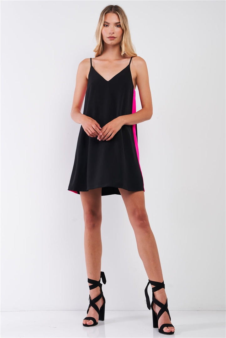 Black & Pink Sleeveless V-Neck Side Stripe Detail Relaxed Mini Dress