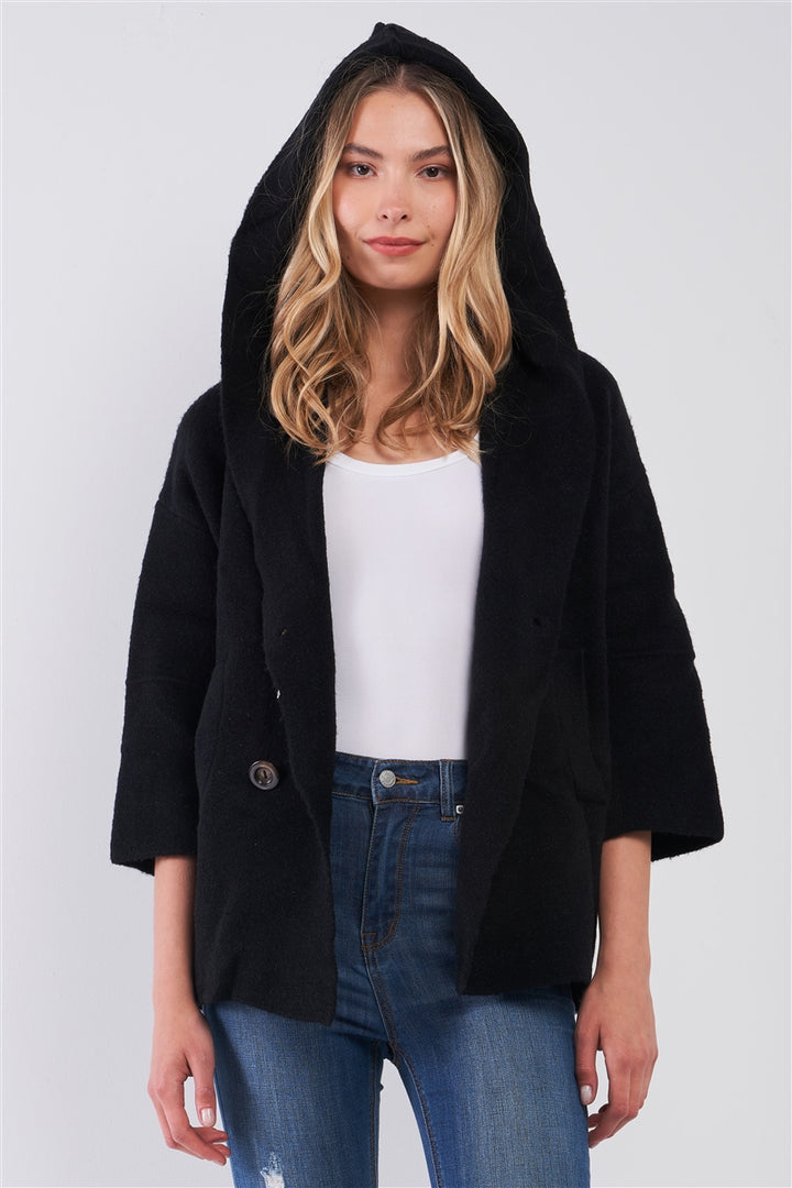 Black Knit Buttoned Front 3/4 Sleeve Hooded Cardigan