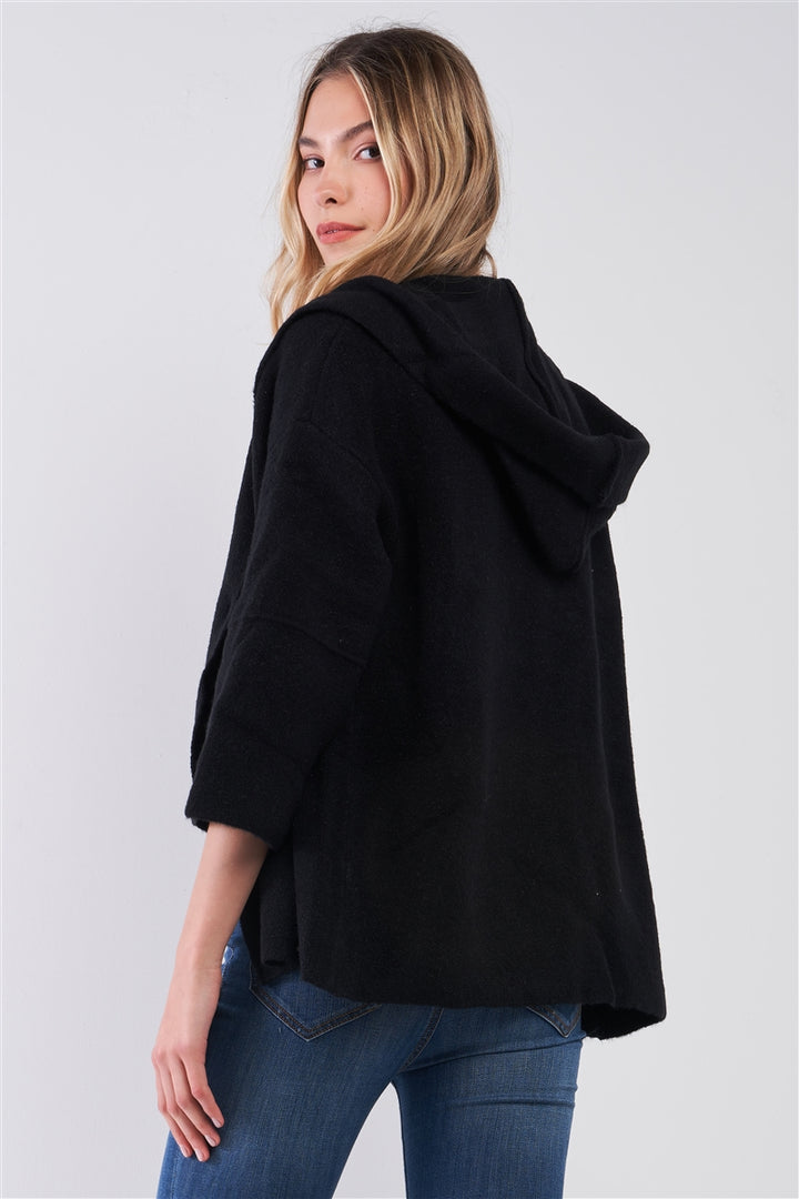 Black Knit Buttoned Front 3/4 Sleeve Hooded Cardigan