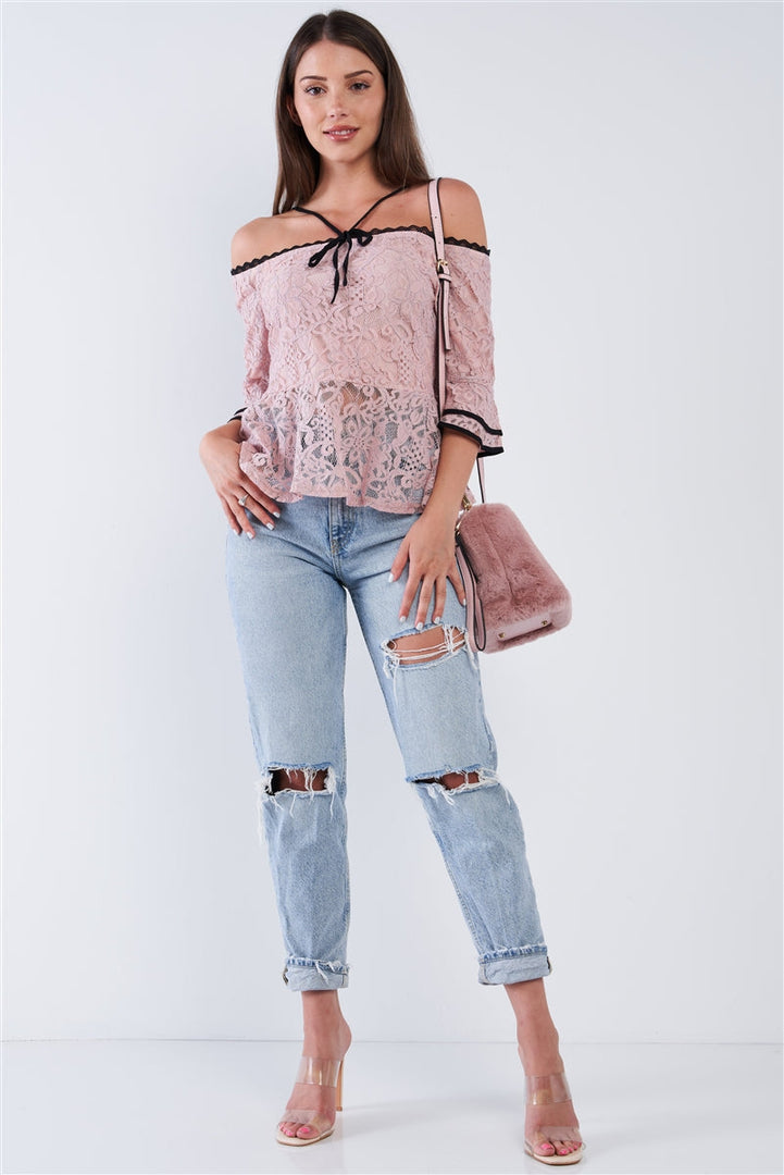 Dusty Pink Off The Shoulder Cropped Lace Midi Sleeve Peplum Top