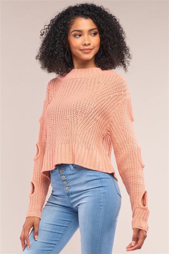 Salmon Round Neck Long Cut-Out Detail Sleeve Cable Knit Cropped Sweater