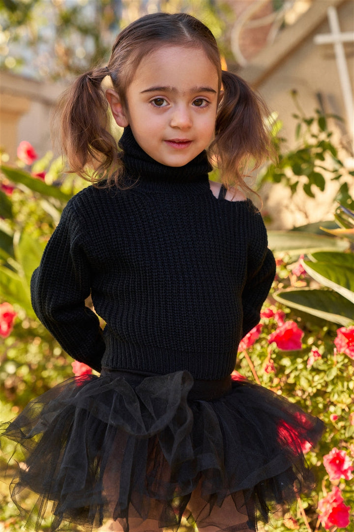 Girls Black Ribbed Knit Cut-Out Shoulder Detail Long Balloon-Y Sleeve Turtleneck Sweater