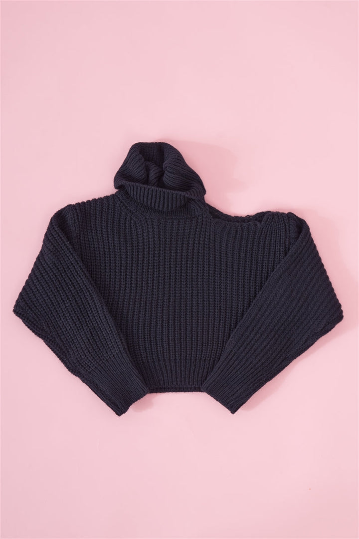 Girls Black Ribbed Knit Cut-Out Shoulder Detail Long Balloon-Y Sleeve Turtleneck Sweater