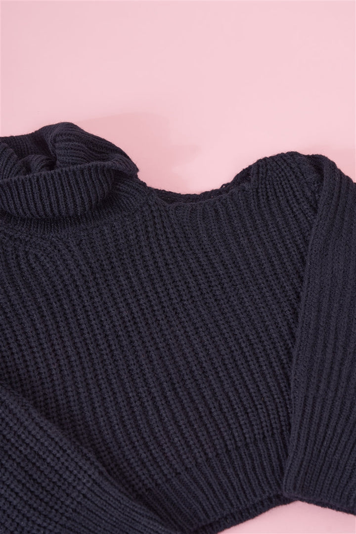 Girls Black Ribbed Knit Cut-Out Shoulder Detail Long Balloon-Y Sleeve Turtleneck Sweater