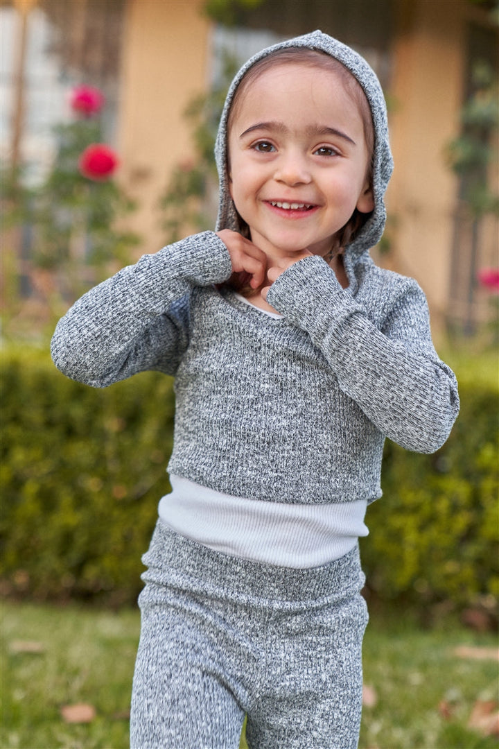 Girls Heather Grey Long Sleeve V-Neck Hooded Cropped Top & High-Waisted Skinny Pants Two Piece Set