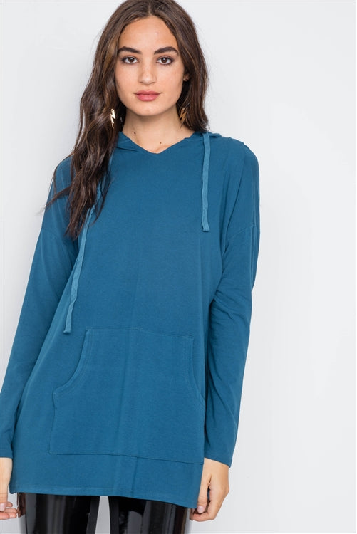 Teal Knit Long Sleeve Hooded Solid Sweater