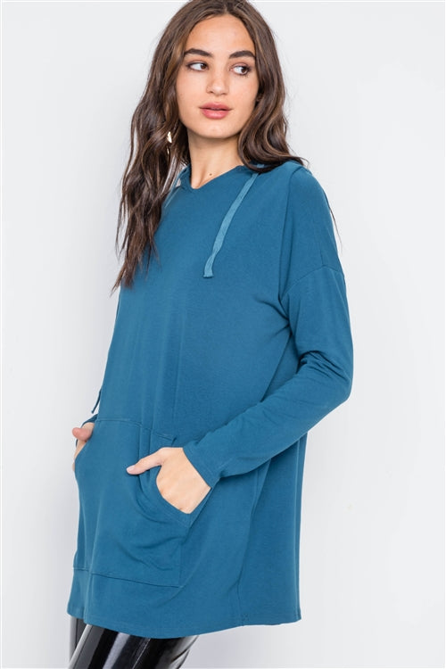 Teal Knit Long Sleeve Hooded Solid Sweater