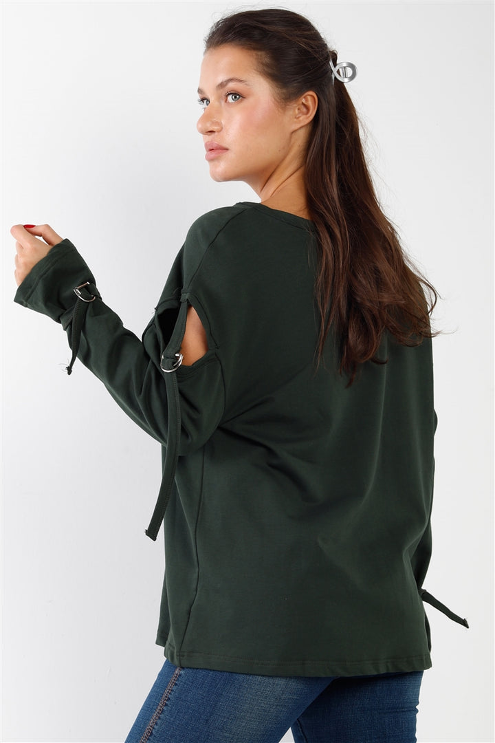 Hunter Green Long Cut-Out Sleeves Raw Trim Sweatshirt