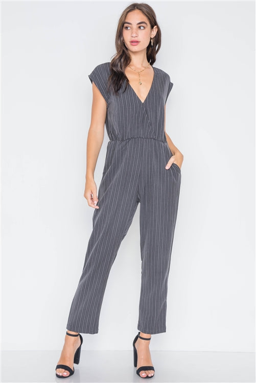 Carbon Stripe Surplice Straight Leg Jumpsuit