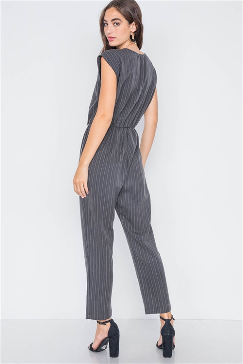 Carbon Stripe Surplice Straight Leg Jumpsuit