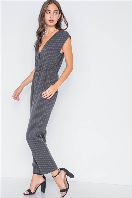 Carbon Stripe Surplice Straight Leg Jumpsuit