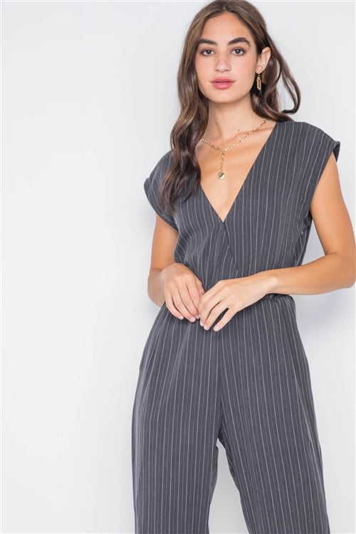 Carbon Stripe Surplice Straight Leg Jumpsuit