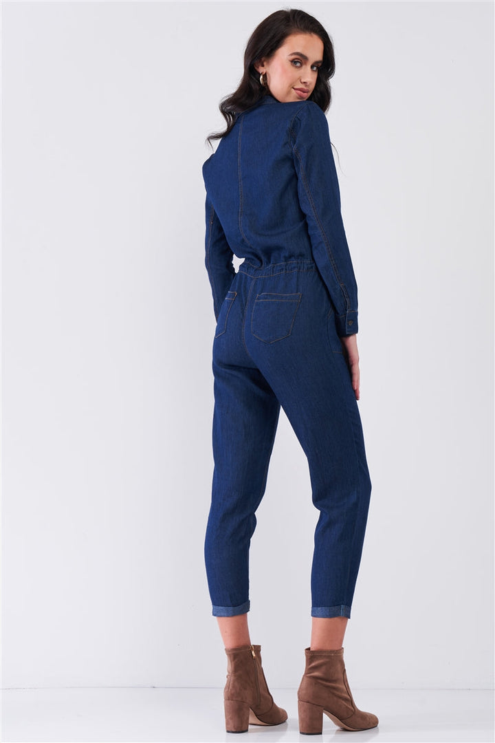 Dark Blue Long Sleeve Button Down Front Self-Tie Waist Denim Jumpsuit