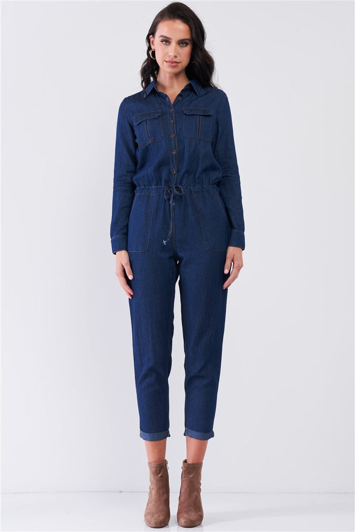 Dark Blue Long Sleeve Button Down Front Self-Tie Waist Denim Jumpsuit