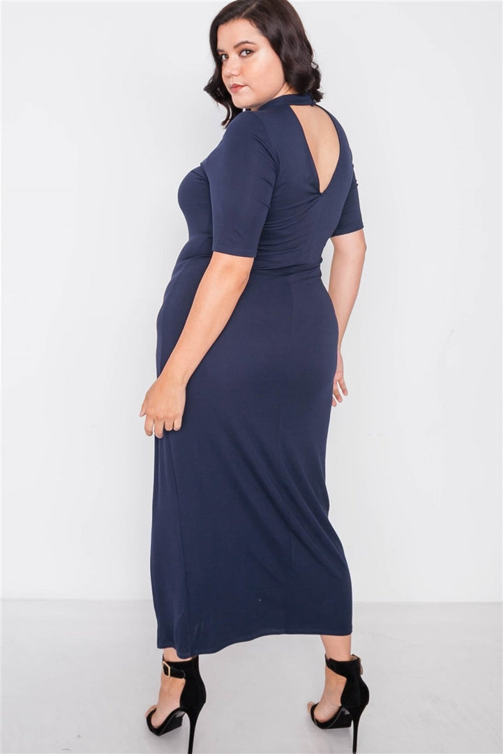 Plus Size Navy Side Slit Mock Neck Maxi Dress