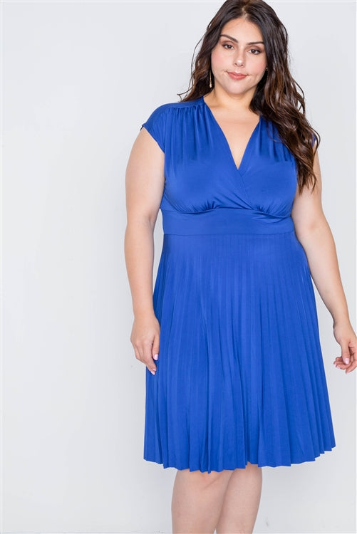 Plus Size Cobalt Pleat Accordion Fit & Flair Dress