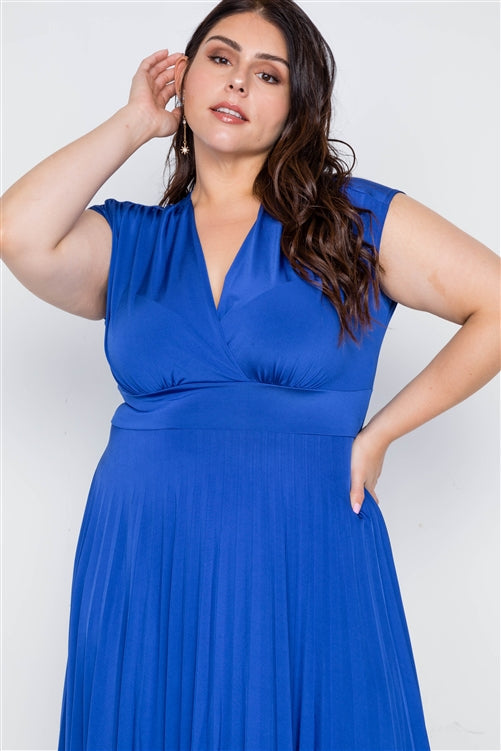 Plus Size Cobalt Pleat Accordion Fit & Flair Dress