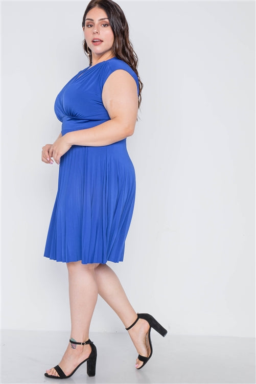 Plus Size Cobalt Pleat Accordion Fit & Flair Dress