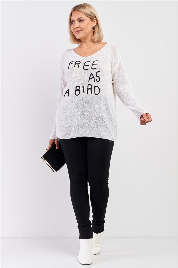 Junior Plus Ivory "Free As A Bird" Logo Knit Sweater