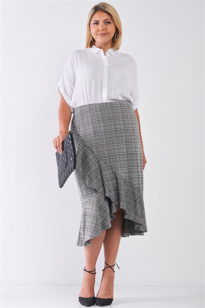 Plus Size Plaid Grey High-Waist Midi Skirt