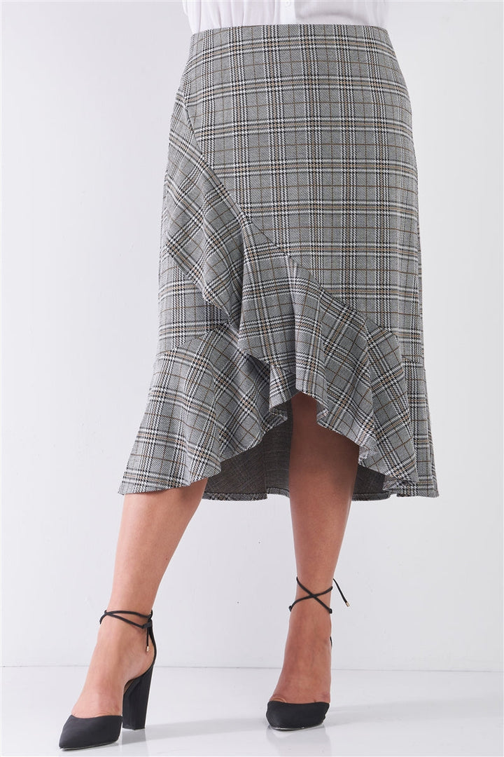 Plus Size Plaid Grey High-Waist Midi Skirt