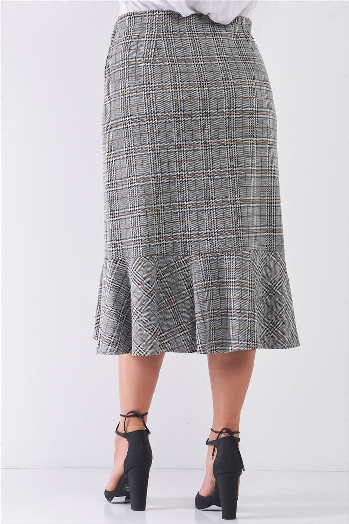 Plus Size Plaid Grey High-Waist Midi Skirt