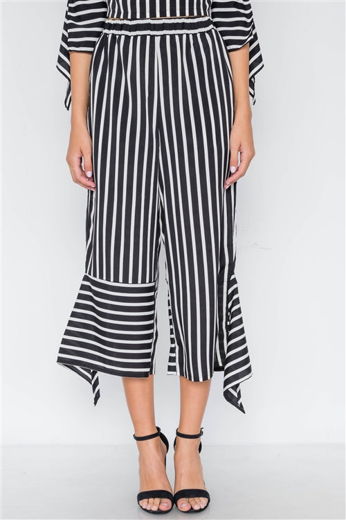 White Black Stripe Flounce Capri Pants