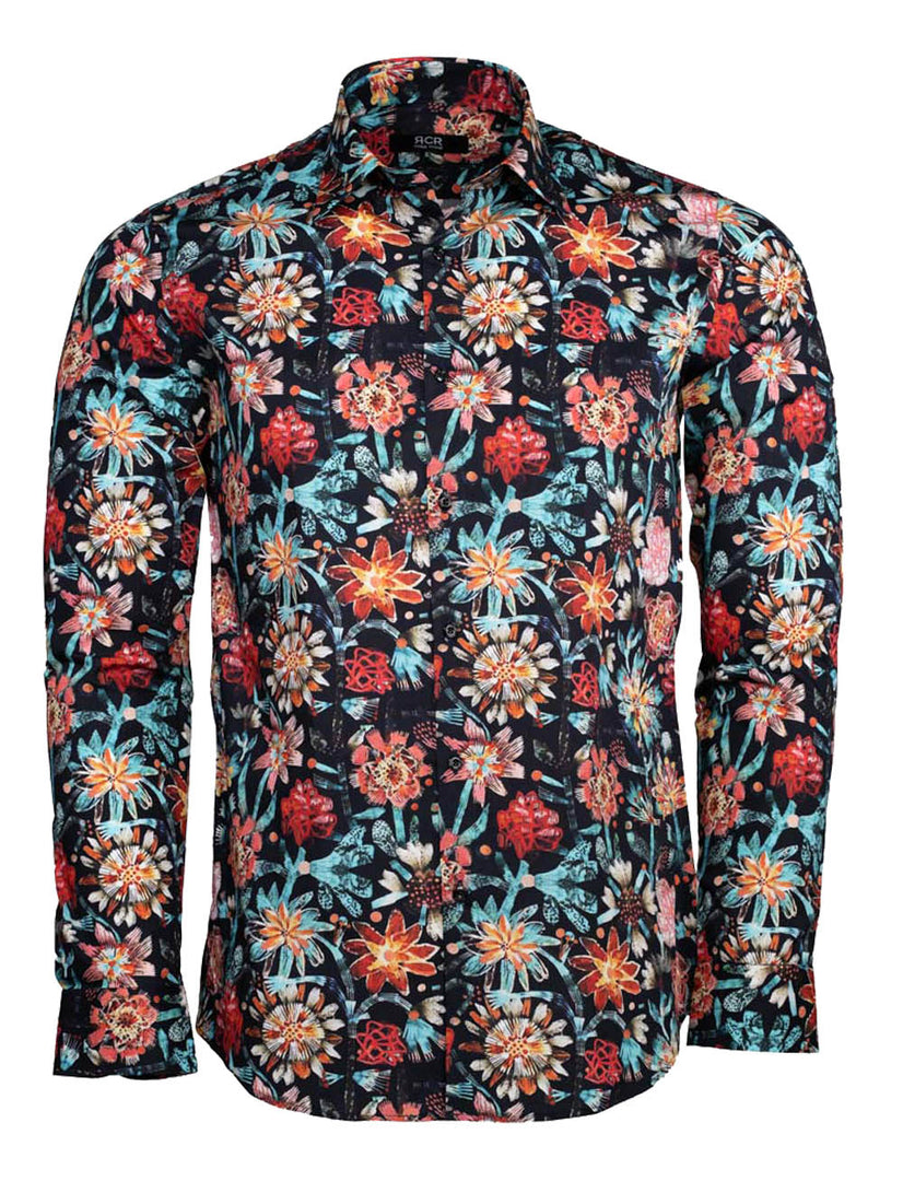 Men’s Casual Shirt 100% Cotton – Long Sleeve Blue Multicolor with Flower Design – Slim Fit - Made in Turkey