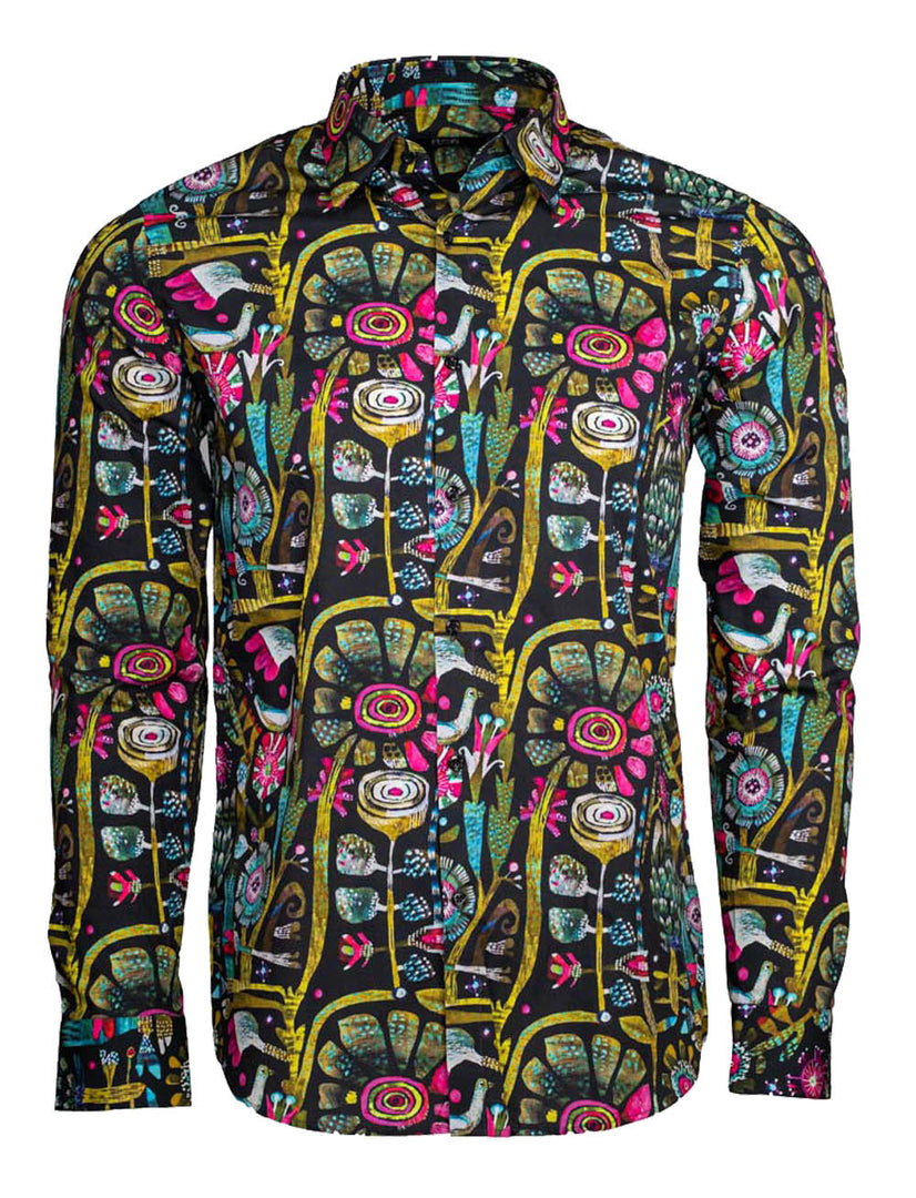 Men’s Casual Shirt 100% Cotton – Long Sleeve Black Shirt with Multi Color Flower Style Pattern – Slim Fit - Made in Turkey