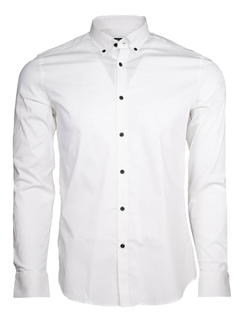 Men’s Casual Shirt 100% Cotton – Long Sleeve White Dress Shirt with Black Button Downs – Slim Fit - Made in Turkey