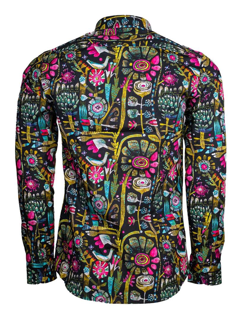 Men’s Casual Shirt 100% Cotton – Long Sleeve Black Shirt with Multi Color Flower Style Pattern – Slim Fit - Made in Turkey