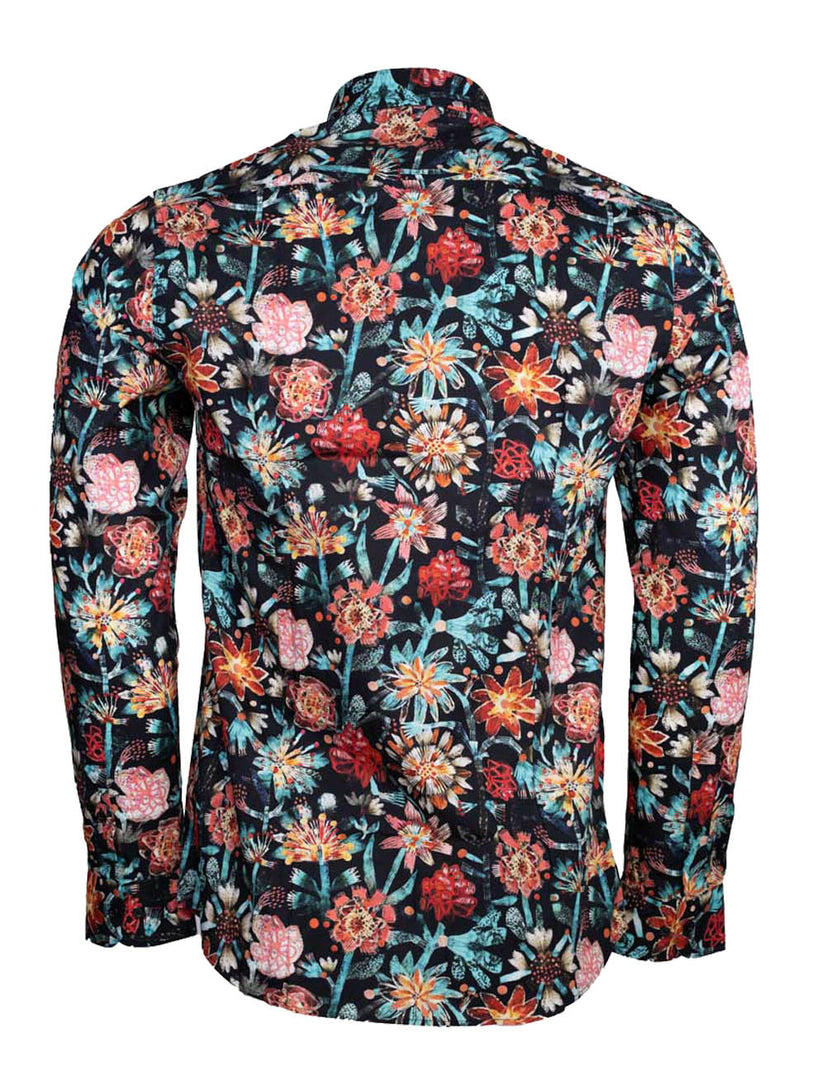 Men’s Casual Shirt 100% Cotton – Long Sleeve Blue Multicolor with Flower Design – Slim Fit - Made in Turkey