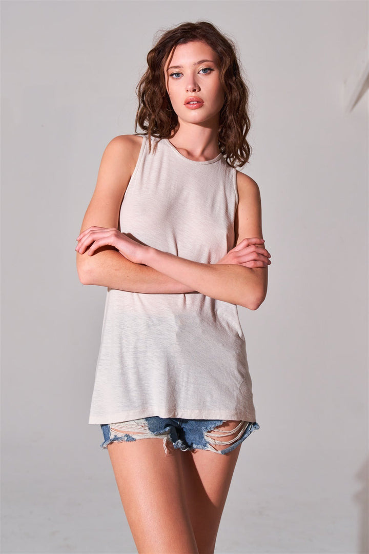 Clay Sleeveless Crew Neck Cut-Out Back Detail Longline Top