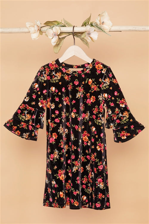 Girls Black Velvet Floral Ruffle Sleeves Dress