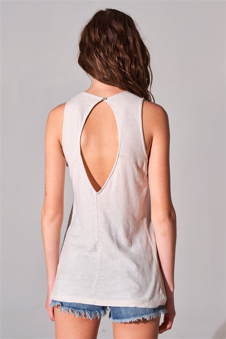 Clay Sleeveless Crew Neck Cut-Out Back Detail Longline Top