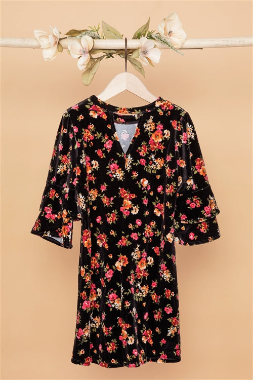 Girls Black Velvet Floral Ruffle Sleeves Dress